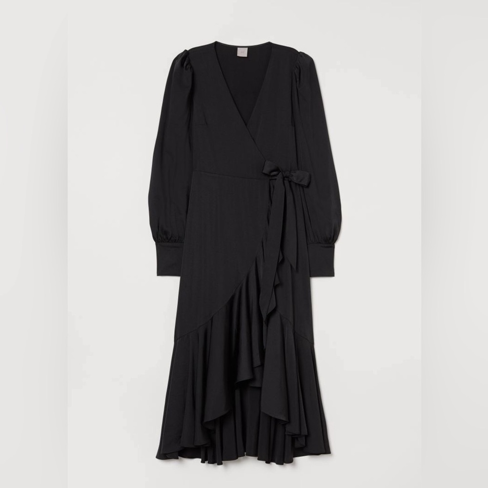 H&M black satin wrap midi dress in XS